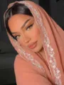 Peach pink chiffon hijab shawl with delicate silver embroidery lightweight elegant head wrap - 11 Orange