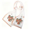 White floral embroidered mesh scarf with pearls and wavy edge, detailed view for women. - 06 White