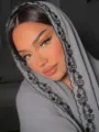 Grey chiffon hijab scarf with black clover lace embroidery, lightweight and elegant. - Gray