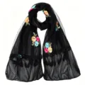 women spring summer black sheer mesh embroidered floral scarf lace tassel gauze shawl - Black 05