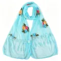 Light blue chiffon scarf with floral embroidery and lace trim, stylish women's accessory. - Light Blue 07