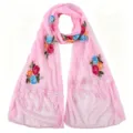 Pink chiffon floral embroidered scarf with delicate lace fringe trim for women spring summer. - Pink