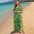 Πράσινο φόρεμα παραλίας tie-dye maxi, χαλαρό V-neck ρούχο resort για το καλοκαίρι. - 135cm / 04