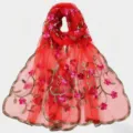 Red sheer embroidered nylon scarf lightweight floral shawl versatile fashion headscarf - 170*55cm / 01 Bright Red