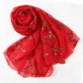 Red embroidered chiffon scarf, elegant floral peach blossom shawl for women summer beach wrap. - Red