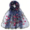 Dark blue sheer nylon scarf with embroidered floral design, lightweight floral fashion shawl for women. - 170*55cm / 03 Navy Blue