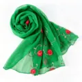 Green Chiffon Embroidered Scarf Elegant Floral Rose Beach Towel Lightweight Women Wrap - Green