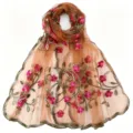 Brown sheer nylon long scarf with pink floral embroidery and scalloped edges for women. - 170*55cm / Light Brown