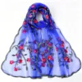 Blue floral embroidered nylon scarf, lightweight sheer breathable wrap shawl for women. - 170*55cm / 05 Sapphire Blue