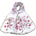 Women sheer floral embroidered long scarf lightweight breathable chic neck wrap shawl - 170*55cm / Bleached White