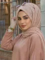 Shimmering pleated hijab for women, elegant elastic Muslim headscarf and matching long sleeve top. - 06