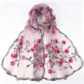 Lightweight purple floral embroidered nylon scarf versatile long shawl wrap for women. - 170*55cm / Off-White