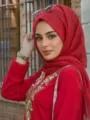 Red elastic metallic fiber headscarf for women, stylish Muslim hijab and head covering. - 08