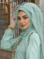 Mint green metallic shimmer hijab and sequin top set, elegant Muslim women headscarf. - 10