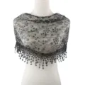 Châle triangulaire en dentelle noire avec broderie florale argentée, paillettes et franges. - Style 12 Noir