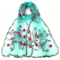 Mint green nylon embroidered long scarf, lightweight floral sheer fashion women shawl. - 170*55cm / Lake Blue