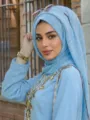 Elastic metallic fiber hijab in light blue, elegant fashionable Muslim headscarf for women. - 11
