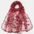 Burgundy sheer embroidered nylon long scarf women floral lightweight fashion stylish shawl - 170*55cm / 13 Wine Red