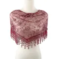 Chale de dentelle bordeaux foulard triangulaire brode de fleurs cape elegante a franges. - 13 Rouge Vin