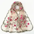 Women nylon sheer embroidered floral scarf lightweight breathable long shawl pink flowers - 170*55cm / Rice Apricot