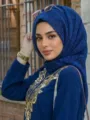 Elastic metallic hijab and blue embroidered top set for stylish women's daily fashion wear. - 14