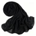 Black pleated honeycomb headscarf with delicate lace edge, elegant Muslim hijab for women. - 17 Black