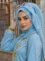 Blaues plissiertes Hijab Tuch mit schimmernden Goldstreifen elegante Damen Kopftuch Mode - 200x85cm / Himmelblau