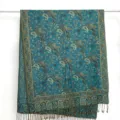 Classic teal paisley jacquard cashmere-feel scarf with elegant fringe trim for styling. - 13 / 180*70cm
