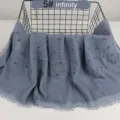 Solid color lightweight cotton linen scarf with crinkle pom poms and raw edge detail. - Grey Blue