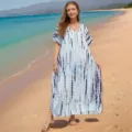 Women blue white tie dye beach cover up maxi dress v neck loose resort wear vacation gown. - 135cm / 08