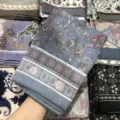 Printed square hijab scarf variant, elegant floral and geometric pattern lightweight voile wrap. - 49