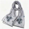 Grey sheer mesh scarf with floral embroidery, pearls, and black scalloped edge shawl. - 07 Gray