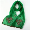 Green mesh embroidered scarf with pearls, elegant wave edge long shawl for women vintage style. - Green