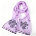 Elegant purple sheer long scarf for women with pearl embroidered floral details and chic wavy edges. - 10 Purple