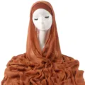 Solid color crinkled rayon long hijab scarf with matching elastic undercap set for women daily wear. - Yellow Brown