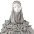Gray pleated rayon long scarf with matching elastic inner cap hijab set for women. - Light Gray
