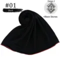 Solid color mercerized cotton hijab with rhinestones and red edge for women fashion daily wear - Black (Black Rhinestones)