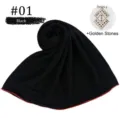 Black stretch mercerized cotton hijab scarf with red piped edge and golden rhinestone design. - Black Gold
