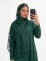 Solid color thin embroidered floral hijab scarf, sweet versatile women sun protection shawl - 02 Dark Green