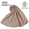 Elastic breathable solid stripe mercerized cotton hijab scarf with red edges and hotfix stones - Sheer Pink (Golden Rhinestones)