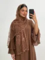 Women brown embroidered floral sheer scarf dress set sweet versatile elegant daily fashion outfit - 03 Light Brown