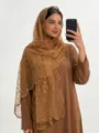 Solid color sheer embroidered floral scarf women sun protection shawl hijab elegant brown head wrap - 04 Caramel Brown