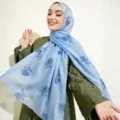 Women blue embroidered island silk long scarf hijab, elegant floral shawl for daily wear. - 180*70cm / Light Blue