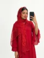 Solid color thin embroidered flower scarf women sunscreen versatile fashion shawl headscarf - 06 Bright Red