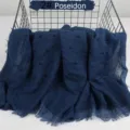 Lightweight breathable cotton linen scarf with pleated pom poms and raw edges blue - Poseidon Blue