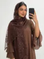 Brown embroidered floral hijab scarf and dress set, lightweight mesh sun protection fashion. - 08 Dark Coffee