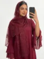 Burgundy embroidered floral headscarf, lightweight sheer lace hijab wrap for women daily fashion. - 11 Burgundy