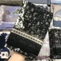 Black printed square scarf hijab, soft voile fabric, stylish floral pattern for daily wear. - 36