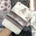Chiffon square scarf with floral print and geometric border, lightweight sun protection wrap. - 58