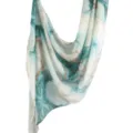 Elegant long printed satin polyester scarf with abstract tie-dye design in teal and gold. - 18